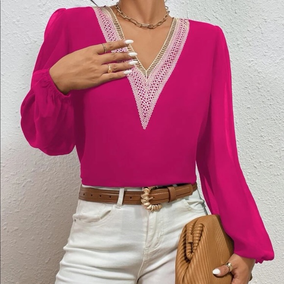 Classic navy blue  lace V neck blouse - Picture 11 of 15